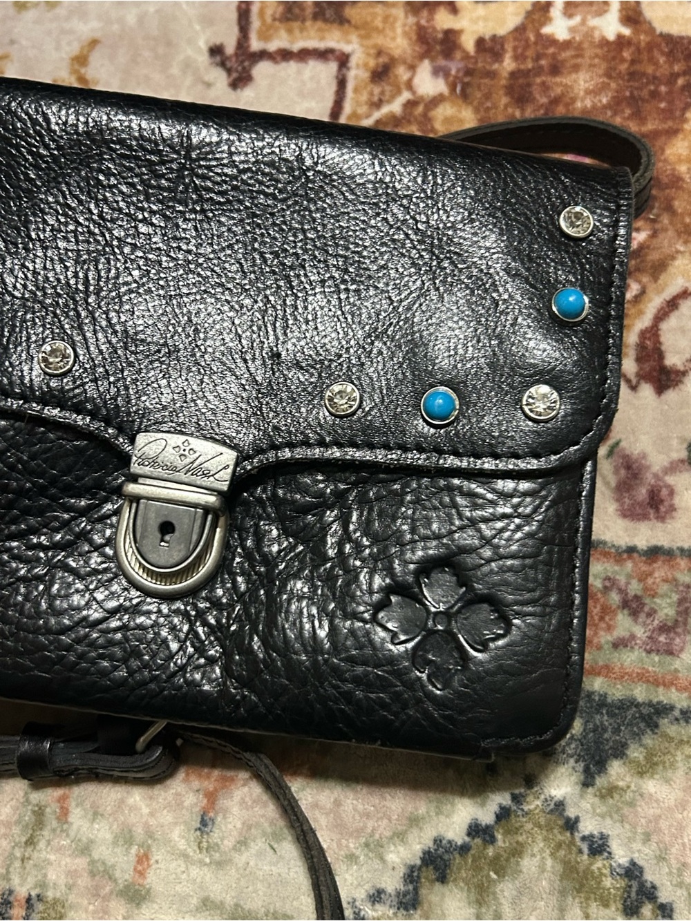 Patricia Nash Bianco black leather studded shoulder crossbody w built in wallet - Picture 4 of 15